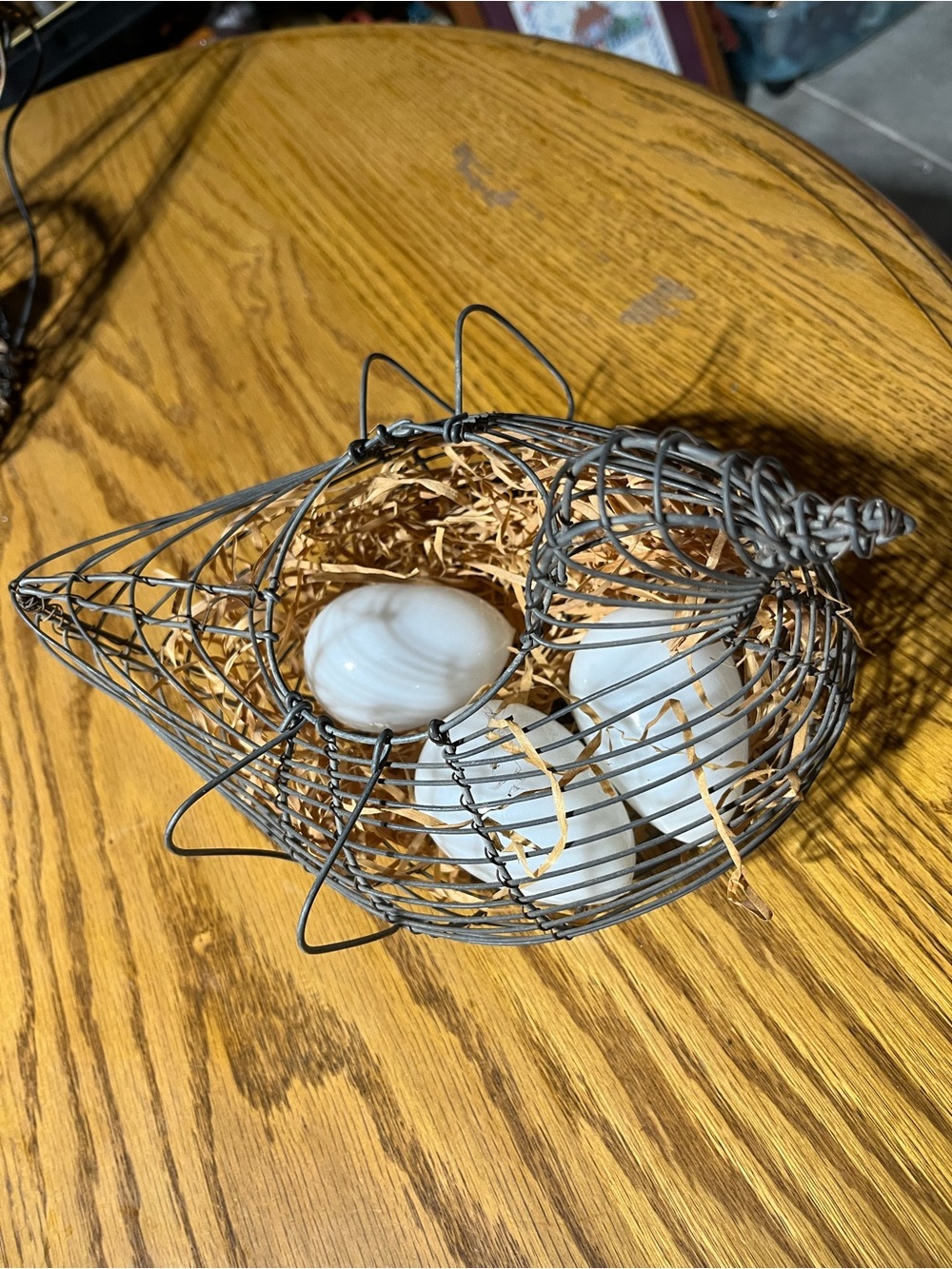 Wire Chicken Basket with Decorative White Glass Handblown Eggs